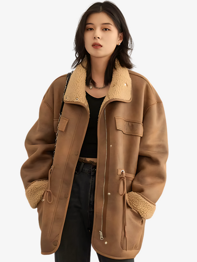 Brown Shearling Jacket – Oversized Faux Fur Aviator Coat for Women 5