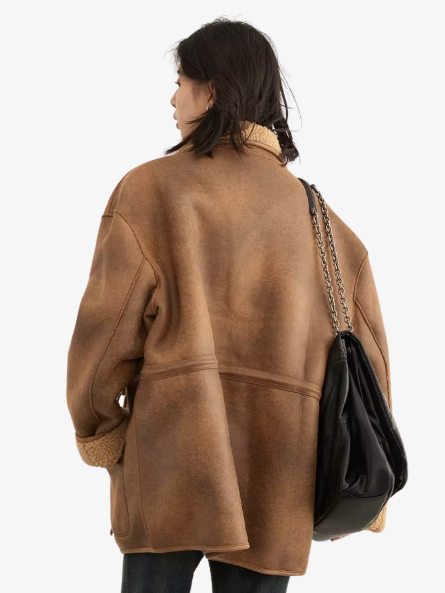 Brown Shearling Jacket – Oversized Faux Fur Aviator Coat for Women 4