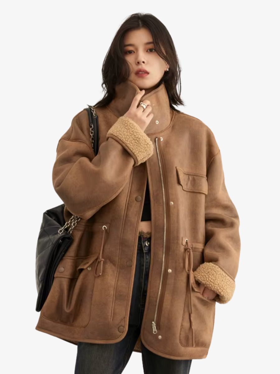 Brown Shearling Jacket – Oversized Faux Fur Aviator Coat for Women