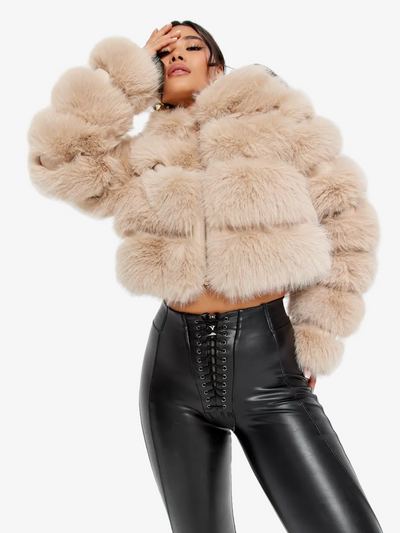 MAGGA Faux Fur Jacket – Women’s Oversized Plush Hooded Coat in Beige 2