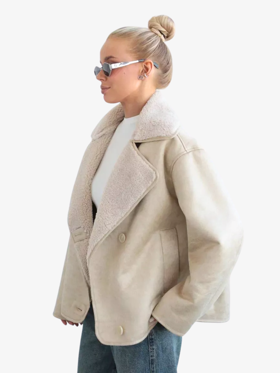 Oversized Suede Jacket – MAGGA Women’s Shearling Aviator Coat in Beige Sheepskin 4