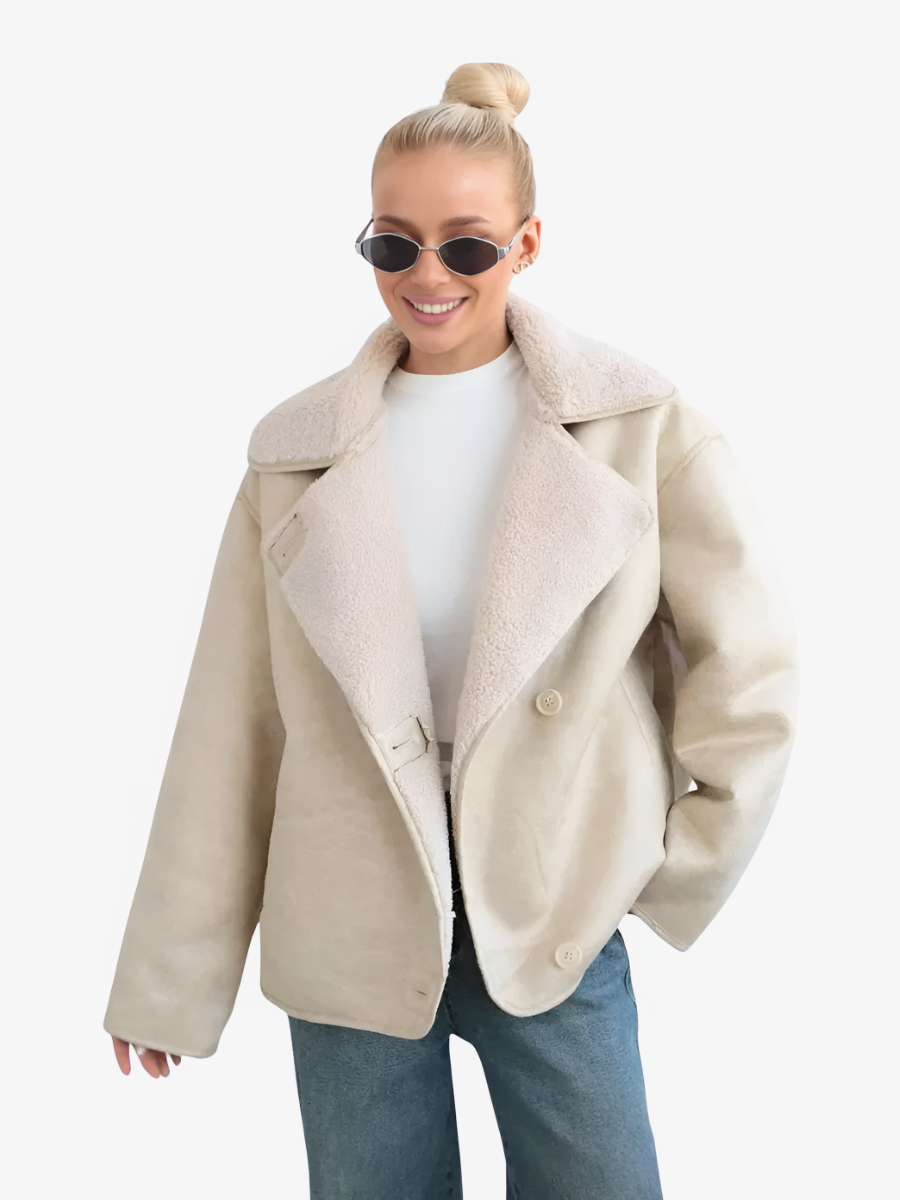 Oversized Suede Jacket – MAGGA Women’s Shearling Aviator Coat in Beige Sheepskin 2