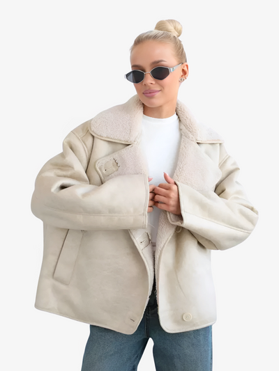 Oversized Suede Jacket – MAGGA Women’s Shearling Aviator Coat in Beige Sheepskin 1