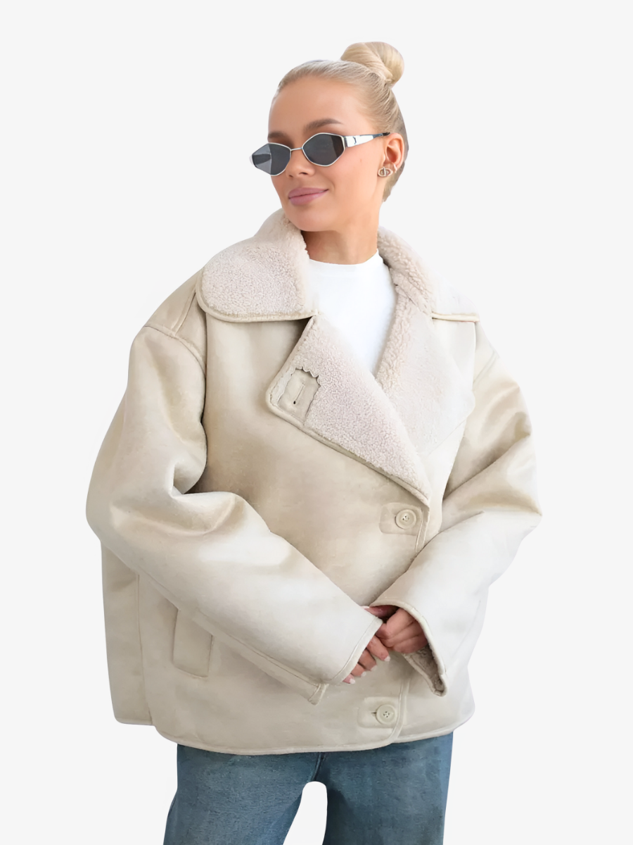 Oversized Suede Jacket – MAGGA Women’s Shearling Aviator Coat in Beige Sheepskin