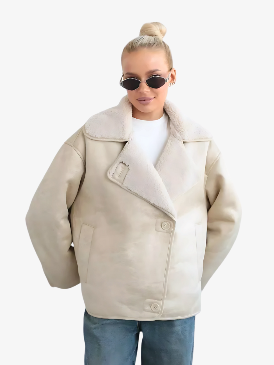 Oversized Suede Jacket – MAGGA Women’s Shearling Aviator Coat in Beige Sheepskin 3