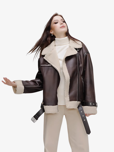 Brown Shearling Aviator Jacket - MAGGA Women's Oversized Leather Aviator Coat