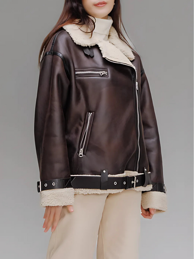 Brown Shearling Aviator Jacket - MAGGA Women's Oversized Leather Aviator Coat 1