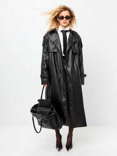 MAGGA faux Black Leather Trench Coat Women’s Vintage Belted Outerwear