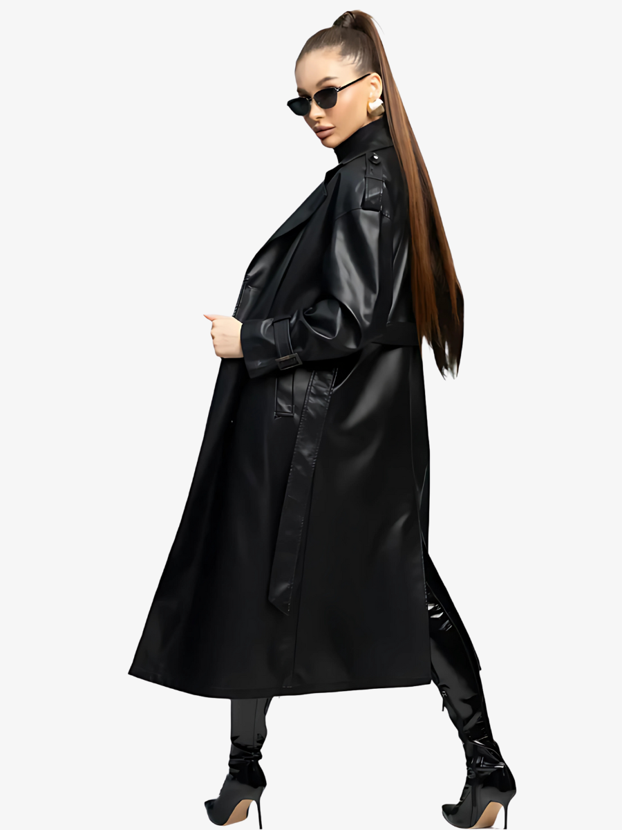 MAGGA Oversized faux Leather Trench – Long Black Faux Leather Coat for Women