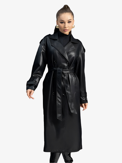 MAGGA Oversized faux Leather Trench – Long Black Faux Leather Coat for Women 6